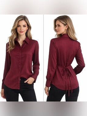 Ricki's Burgundy Button Down Shirt Collar Button Cuffs Vertical Stripes Sz S